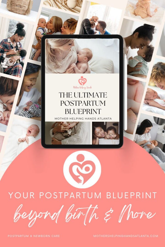 A tablet with the cover of the book, the ultimate postpartum blueprint.